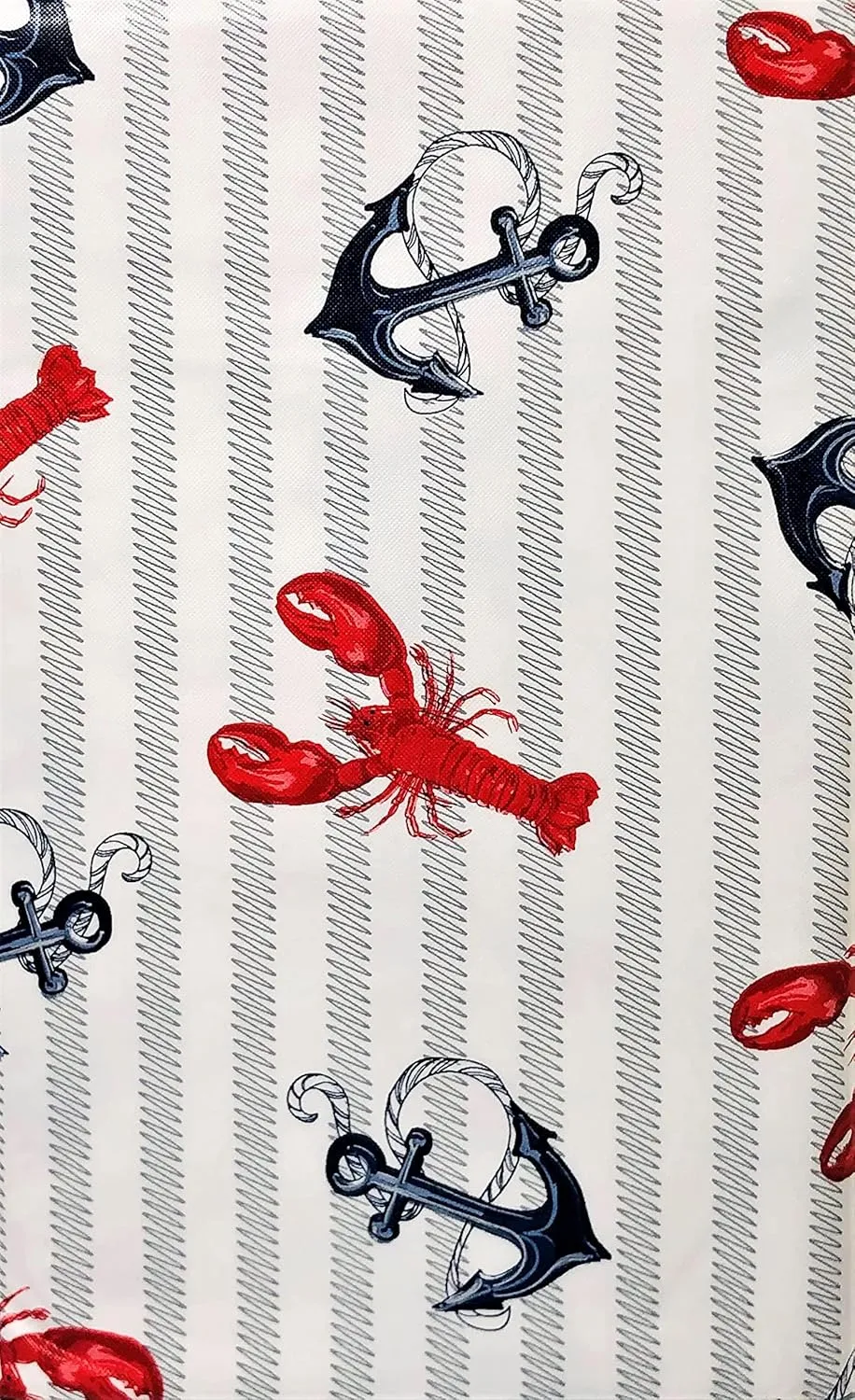 Summer Fun Lobsters & Anchors on Wavy Line Stripes Vinyl Flannel Back Tablecloth, Summer, Nautical, Ocean, Beach-Themed (52" x 90" Oblong)