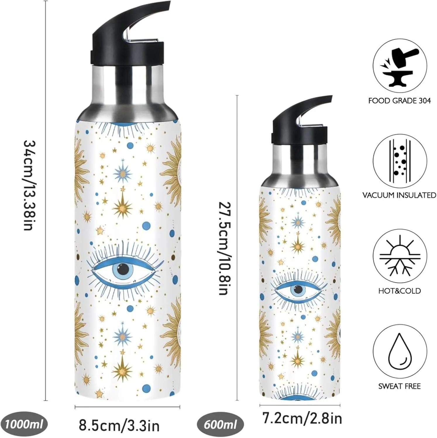 Sun & Eyes Sports Water Bottle with Straw, 22oz BPA Free Stainless Steel Vacuum Insulated Bottle for Gym Fitness Outdoor