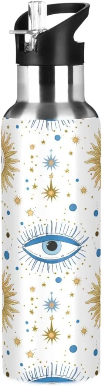 Sun & Eyes Sports Water Bottle with Straw, 22oz BPA Free Stainless Steel Vacuum Insulated Bottle for Gym Fitness Outdoor