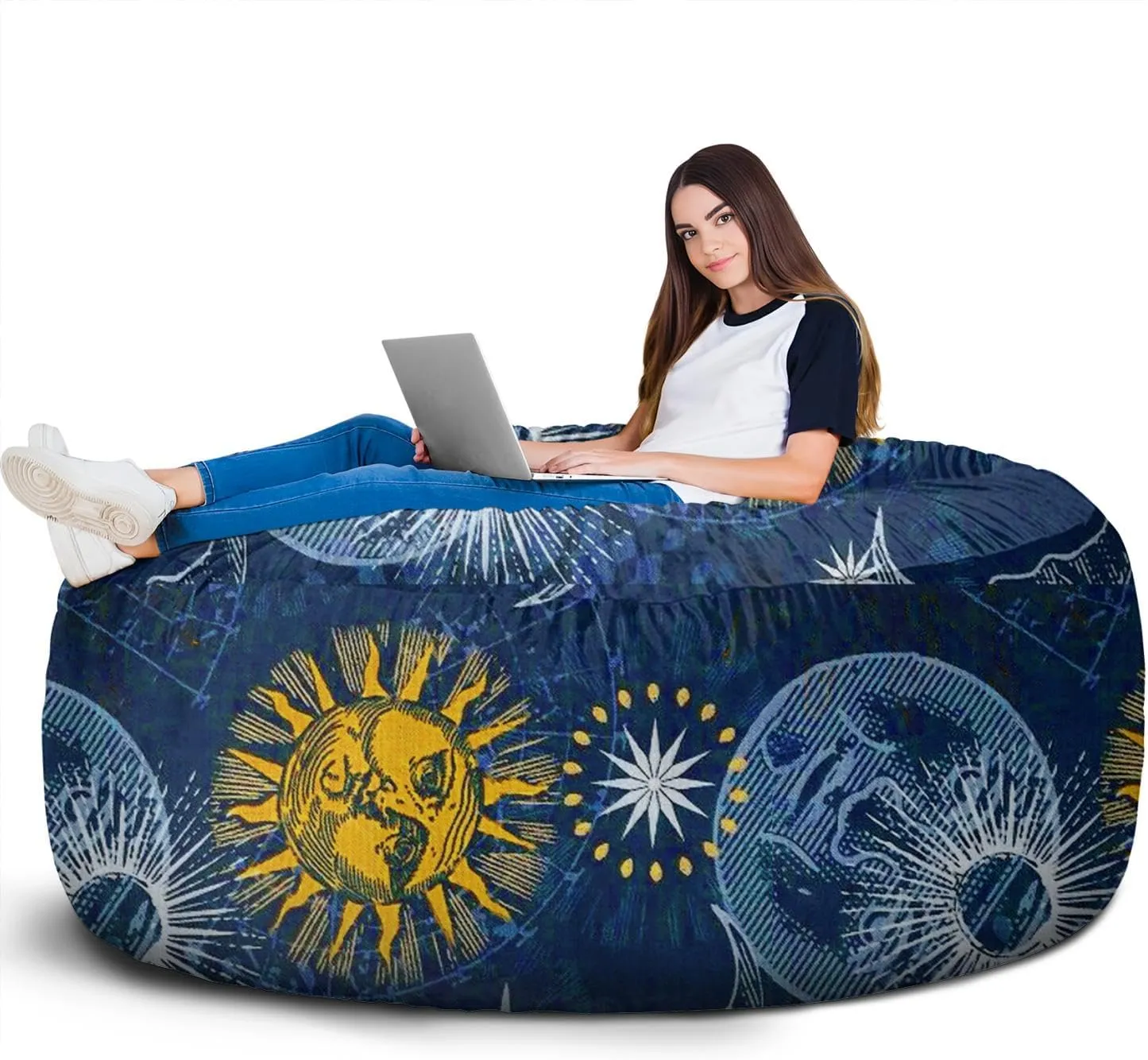 Sun and Moon Stars Bean Bag Chair Cover 6 Feet (No Filler, Cover only) Boho Golden Sun Moon and Stars Fluffy Lazy Sofa Cover Dutch Velvet