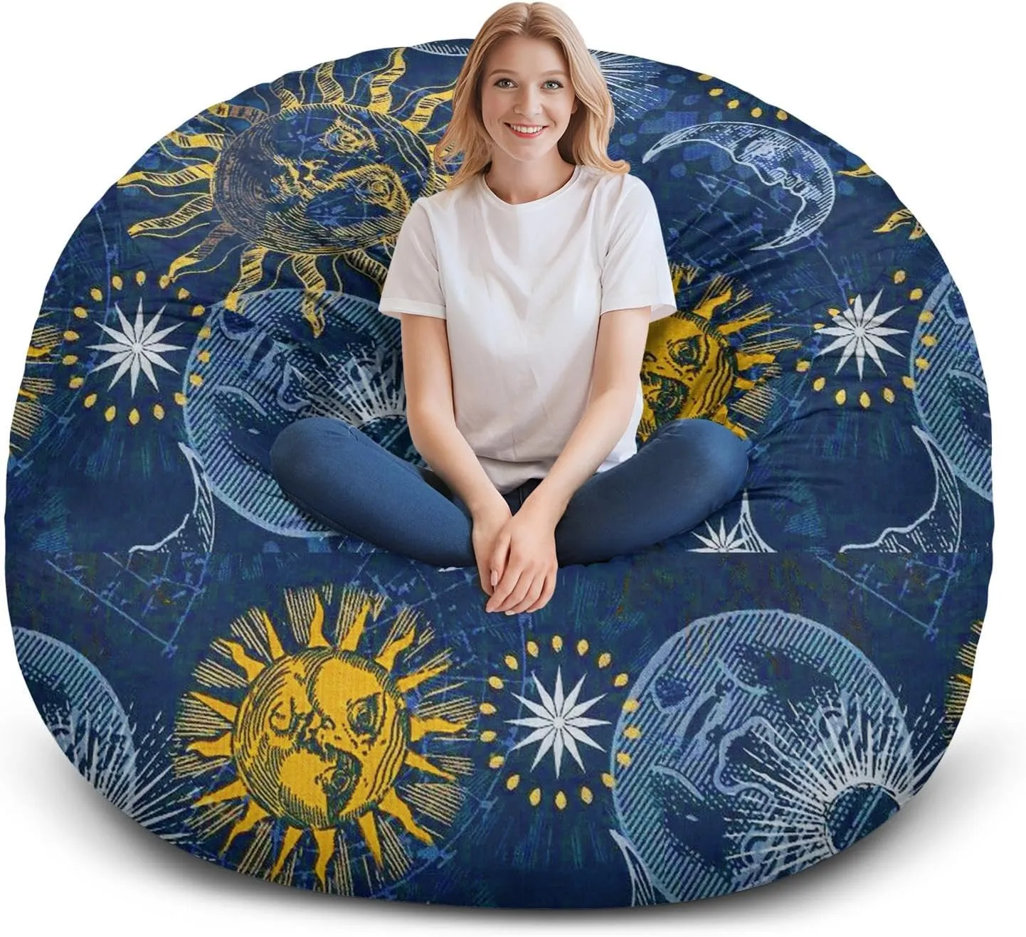 Sun and Moon Stars Bean Bag Chair Cover 6 Feet (No Filler, Cover only) Boho Golden Sun Moon and Stars Fluffy Lazy Sofa Cover Dutch Velvet