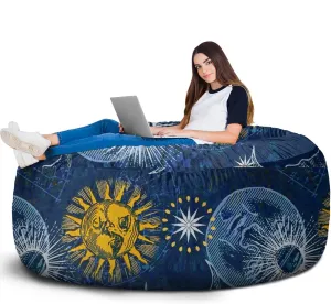 Sun and Moon Stars Bean Bag Chair Cover 6 Feet (No Filler, Cover only) Boho Golden Sun Moon and Stars Fluffy Lazy Sofa Cover Dutch Velvet
