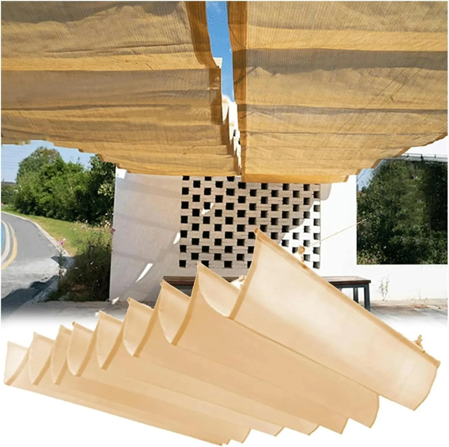 Sun Shade Sail, Retractable Wave Canopy Pergola Cover, 95% Sun Protection Permeable HDPE Shade Net, Outdoor Courtyard Garden Terrace Deck Wave Awning, More Beautiful