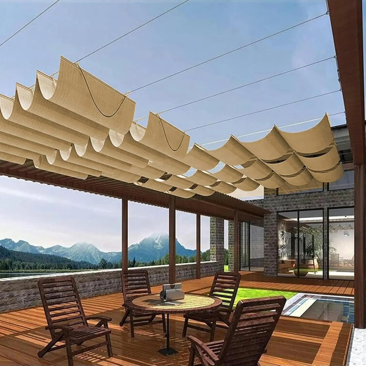 Sun Shade Sail, Retractable Wave Canopy Pergola Cover, 95% Sun Protection Permeable HDPE Shade Net, Outdoor Courtyard Garden Terrace Deck Wave Awning, More Beautiful