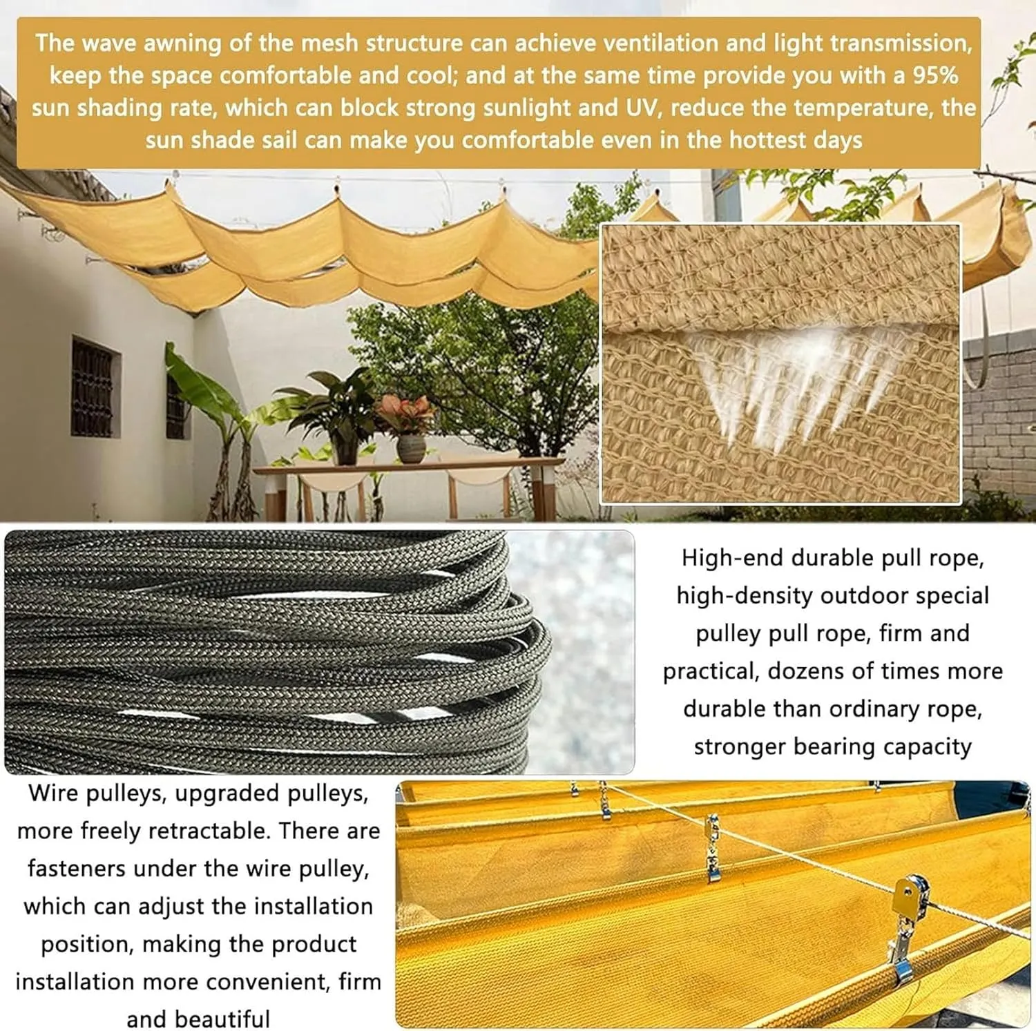 Sun Shade Sail, Retractable Wave Canopy Pergola Cover, 95% Sun Protection Permeable HDPE Shade Net, Outdoor Courtyard Garden Terrace Deck Wave Awning, More Beautiful