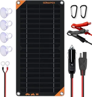 SUNAPEX 10W 12V Solar Panel Battery Charger Maintainer, Portable Waterproof Solar Trickle Charger with Built-in Charge Controller, Cig Plug, Alligator Clips, O-Rings for Car, Truck,Tractor, Boat, etc