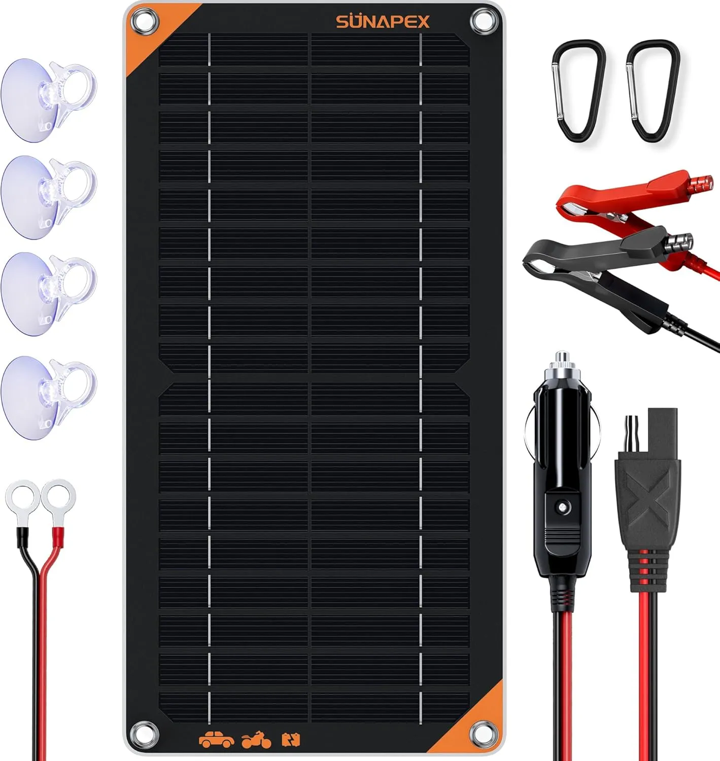 SUNAPEX 10W 12V Solar Panel Battery Charger Maintainer, Portable Waterproof Solar Trickle Charger with Built-in Charge Controller, Cig Plug, Alligator Clips, O-Rings for Car, Truck,Tractor, Boat, etc