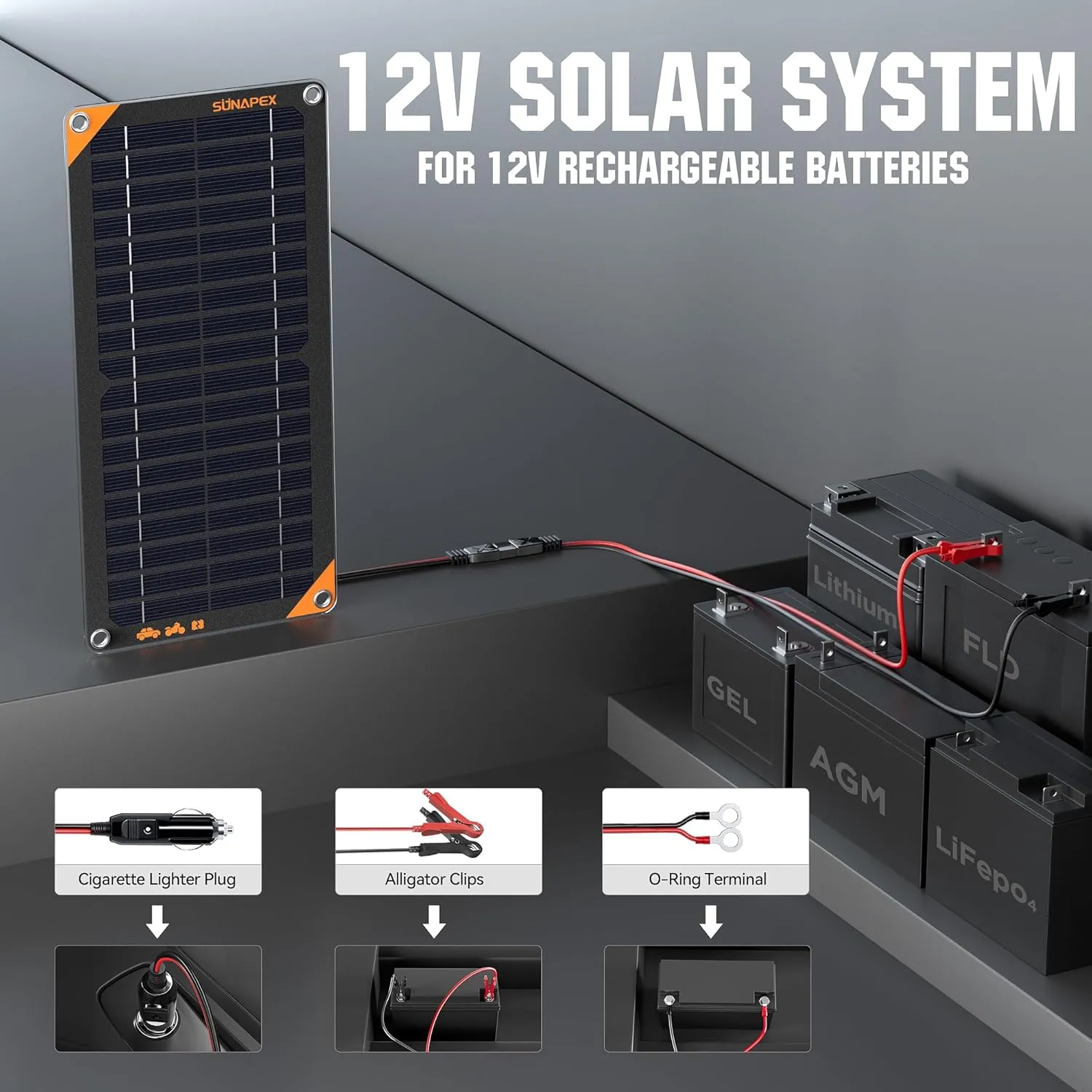 SUNAPEX 10W 12V Solar Panel Battery Charger Maintainer, Portable Waterproof Solar Trickle Charger with Built-in Charge Controller, Cig Plug, Alligator Clips, O-Rings for Car, Truck,Tractor, Boat, etc