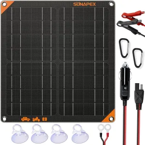 SUNAPEX 20W 12V Solar Panel Battery Charger Maintainer, Portable Waterproof Solar Trickle Charger with Built-in Charge Controller, Cig Plug, Alligator Clips, O-Rings for Car, Truck,Tractor, Boat, etc