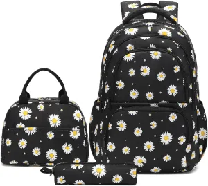 Sunborls Backpack for Girls Teens Girls Bookbag Lightweight High-Capacity Waterproof School Gifts for Lovely Small Daisy Flower 3pcs (Black)