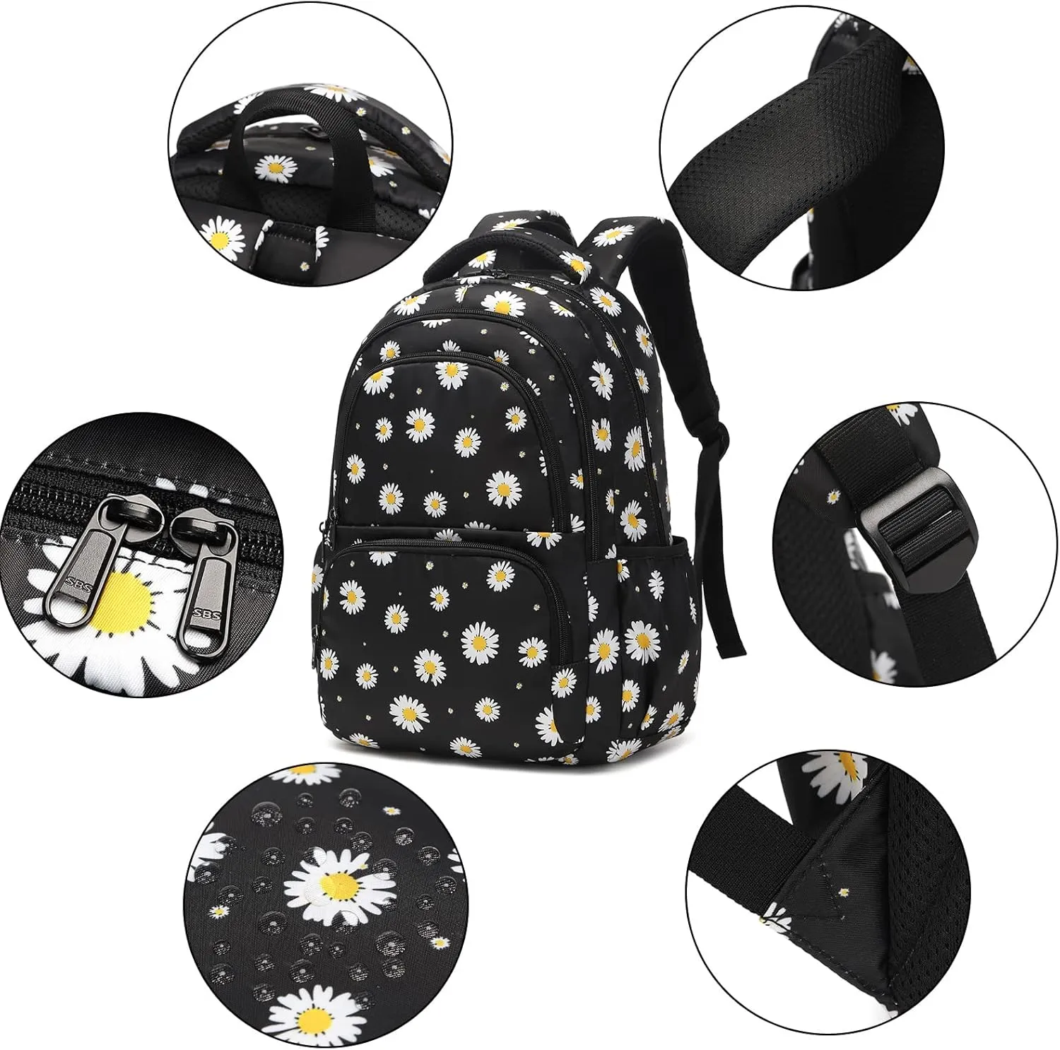 Sunborls Backpack for Girls Teens Girls Bookbag Lightweight High-Capacity Waterproof School Gifts for Lovely Small Daisy Flower 3pcs (Black)