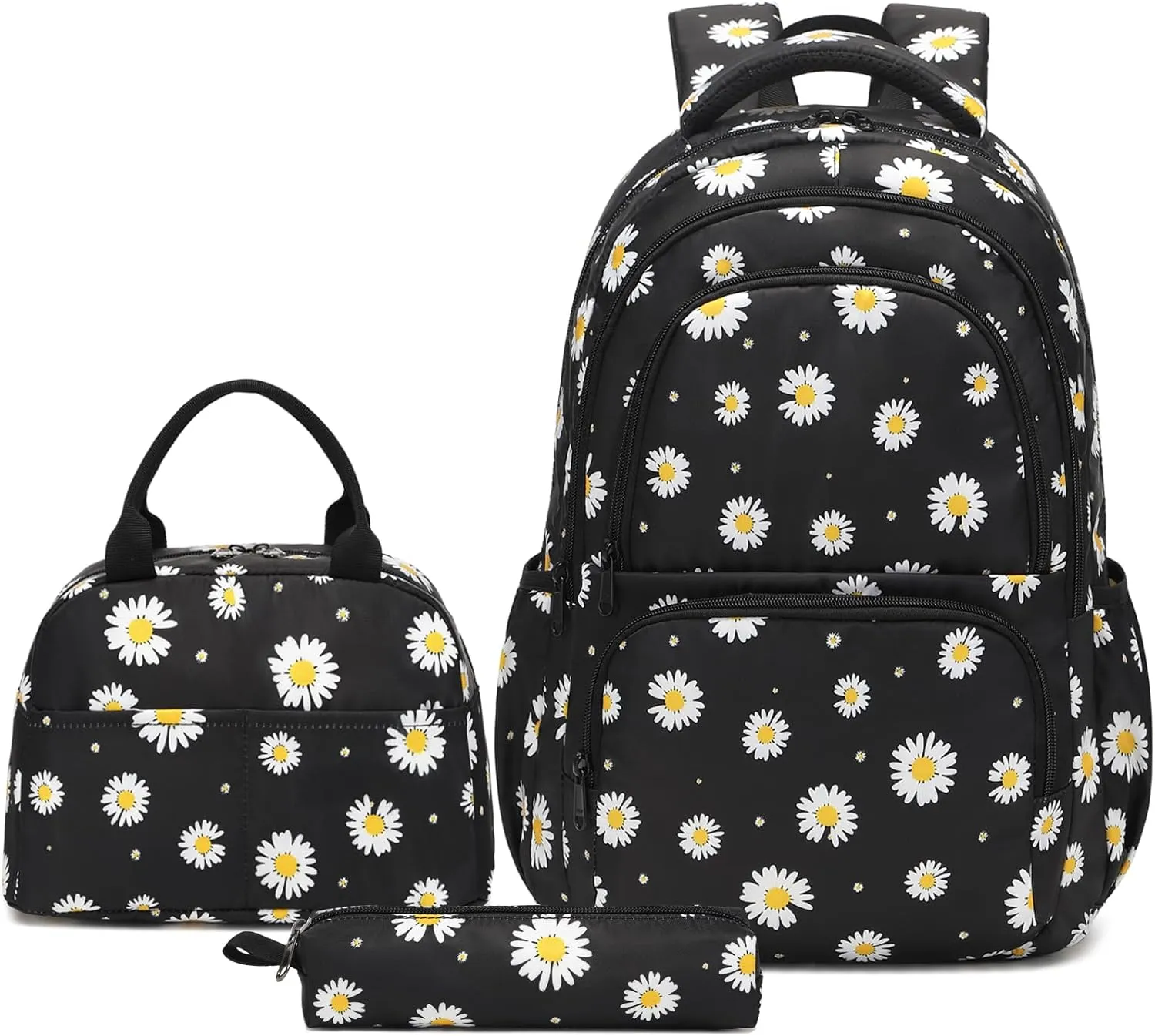 Sunborls Backpack for Girls Teens Girls Bookbag Lightweight High-Capacity Waterproof School Gifts for Lovely Small Daisy Flower 3pcs (Black)