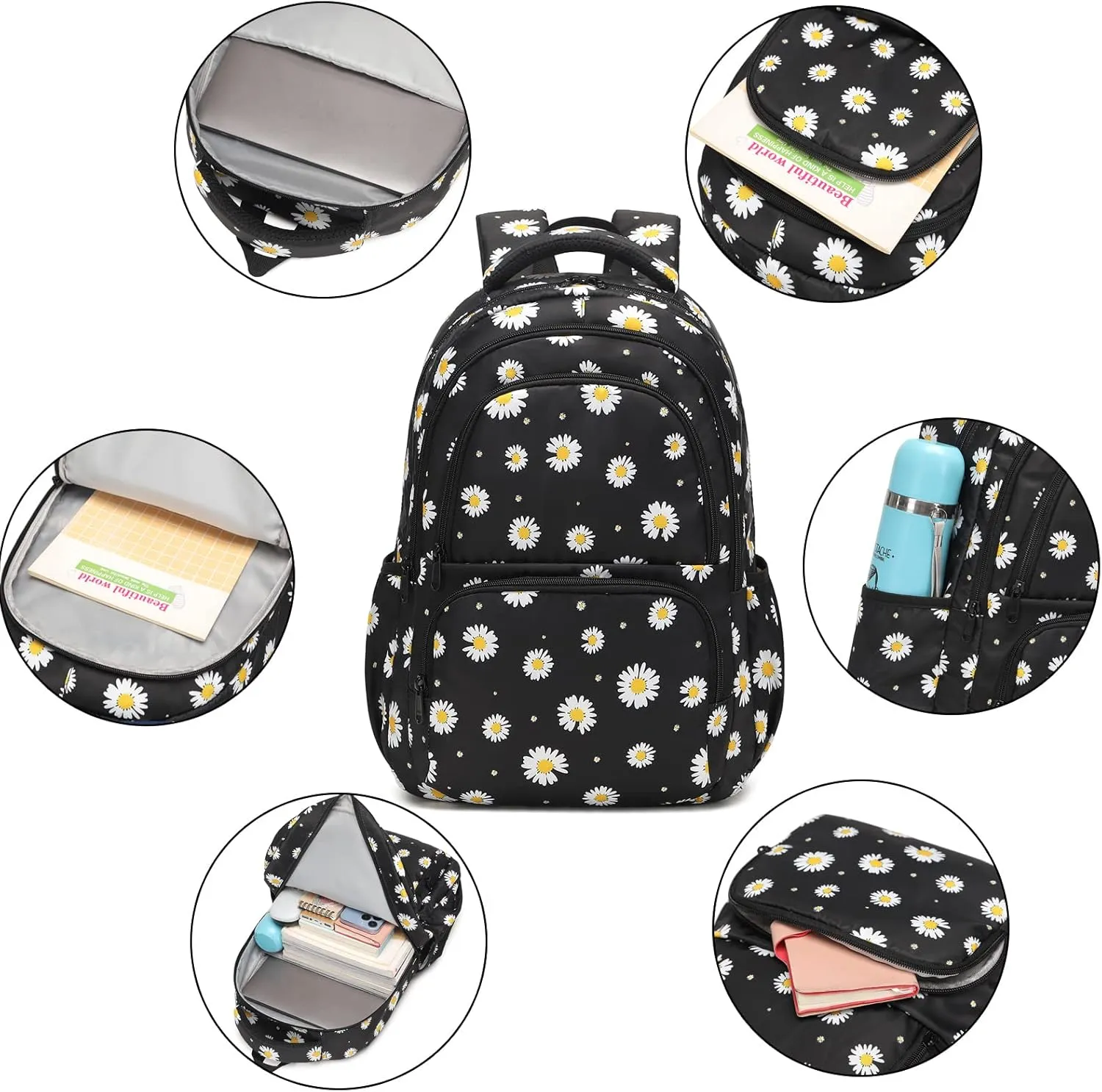 Sunborls Backpack for Girls Teens Girls Bookbag Lightweight High-Capacity Waterproof School Gifts for Lovely Small Daisy Flower 3pcs (Black)