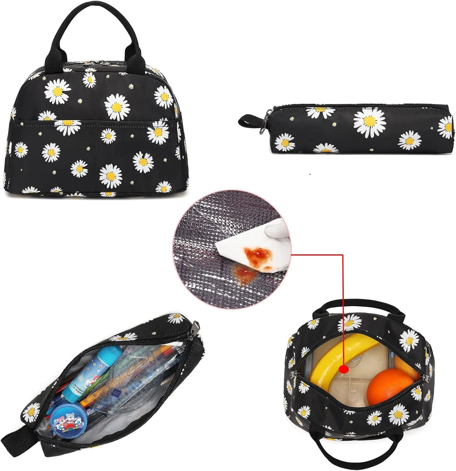 Sunborls Backpack for Girls Teens Girls Bookbag Lightweight High-Capacity Waterproof School Gifts for Lovely Small Daisy Flower 3pcs (Black)