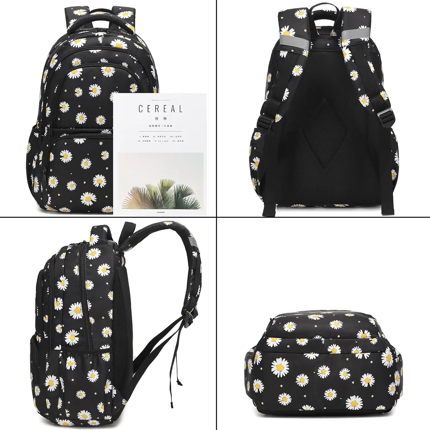 Sunborls Backpack for Girls Teens Girls Bookbag Lightweight High-Capacity Waterproof School Gifts for Lovely Small Daisy Flower 3pcs (Black)