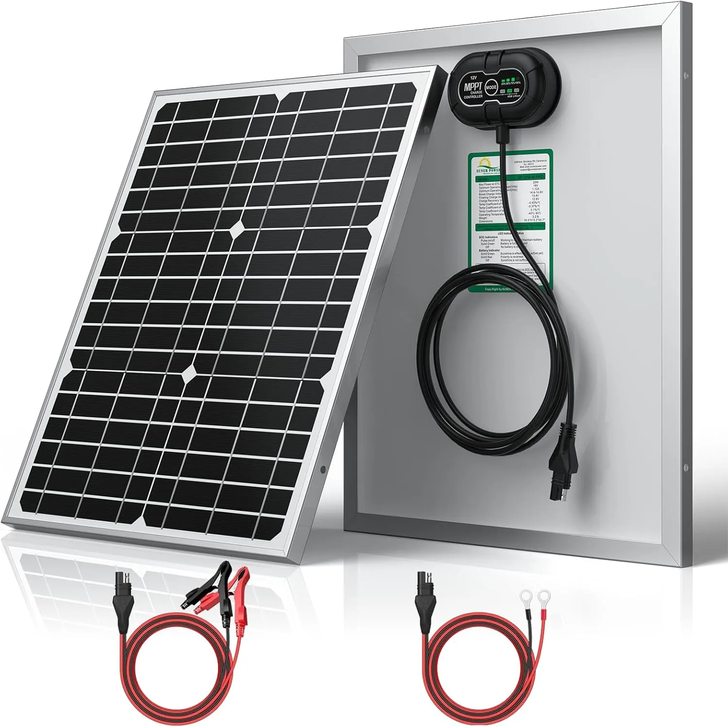 SUNER POWER 12V 20W Solar Battery Charger Maintainer PRO, Built-in UltraSmart MPPT Charge Controller, Waterproof 20 Watt Solar Panel Charging Kit for 12Volt AGM, Deep Cycle, Lead-Acid, Lifepo4 Battery