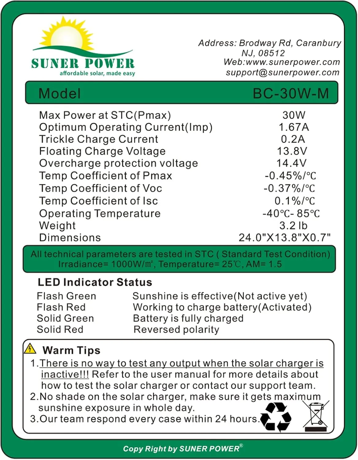 SUNER POWER 30W 12V Solar Battery Charger Maintainer, Built-in Smart MPPT Charge Controller, Adjustable Mount Bracket, Waterproof 30 Watt Solar Panel Kits for Car Automotive Boat Marine RV Trailer