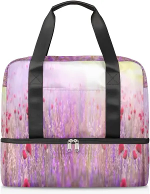 Sunlight Lavender Flower Travel Bag Double Tier Zip Closure Weekender Bag with Leather Handle Waterproof Sports Tote Gym Bag for Swim Beach Gym Yoga