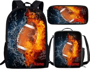 Suobstales Add Your Kids Name On Football Backpack Elementary Preschool School Bag with Lunch Box Pencil Case Set for Boys Girl Personalise Bookbag Large Capacity Travel Bagpack Daypack Rucksack