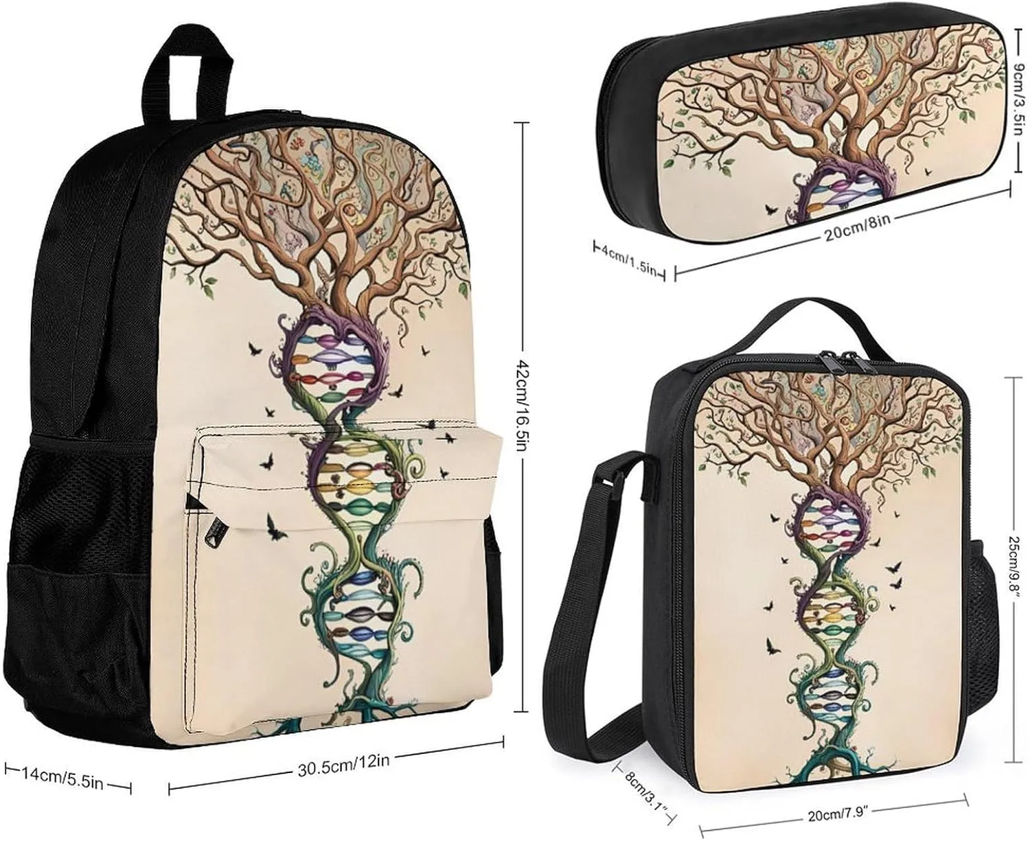 Supdreamc 3 Piece Daypack Dna Tree Of Life Art Travel Hiking Backpack Sets - Large Capacity Bookbag Lunch Bag Pencil Case for College Men and Women