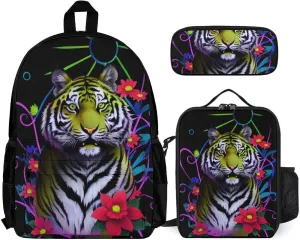 Supdreamc 3 Piece Daypack Trippy Tiger Animal Flower Art Travel Hiking Bag & Day Pack - Big Capacity Multipurpose Bookbag Lunch Bag Pencil Case for Adult