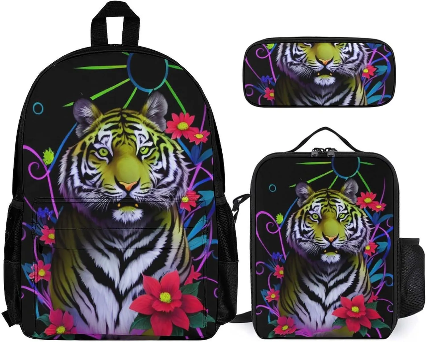 Supdreamc 3 Piece Daypack Trippy Tiger Animal Flower Art Travel Hiking Bag & Day Pack - Big Capacity Multipurpose Bookbag Lunch Bag Pencil Case for Adult