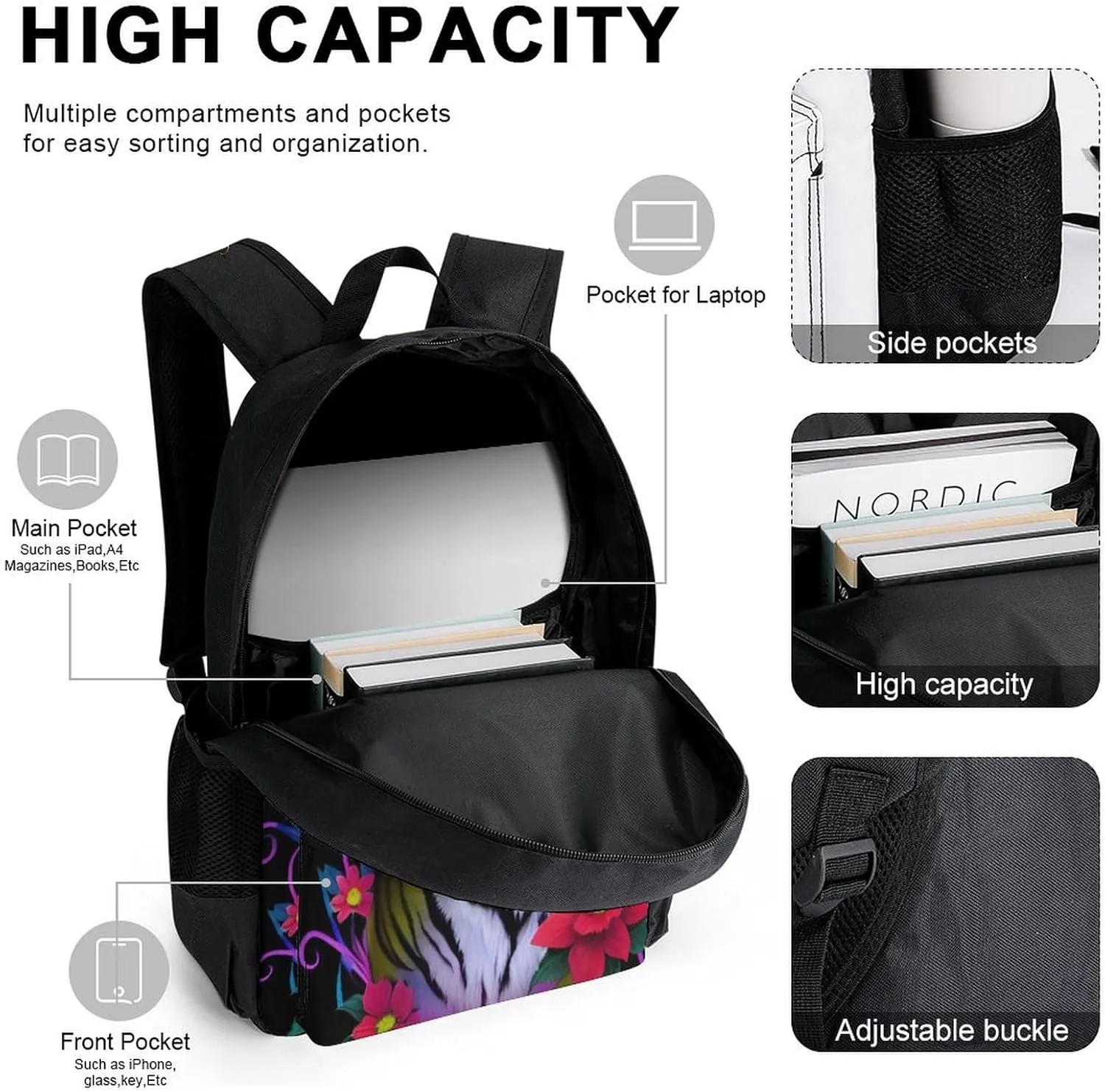 Supdreamc 3 Piece Daypack Trippy Tiger Animal Flower Art Travel Hiking Bag & Day Pack - Big Capacity Multipurpose Bookbag Lunch Bag Pencil Case for Adult