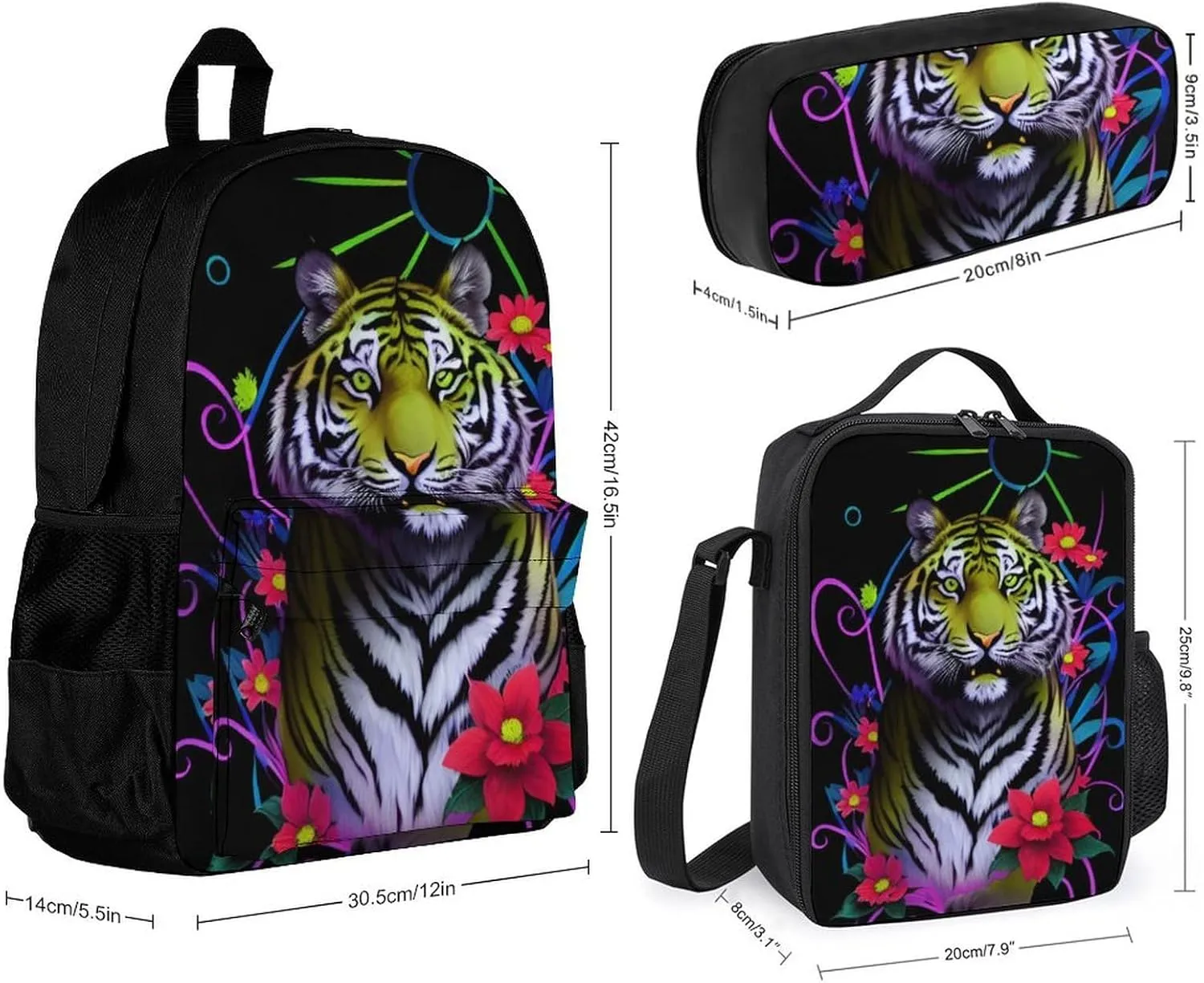 Supdreamc 3 Piece Daypack Trippy Tiger Animal Flower Art Travel Hiking Bag & Day Pack - Big Capacity Multipurpose Bookbag Lunch Bag Pencil Case for Adult