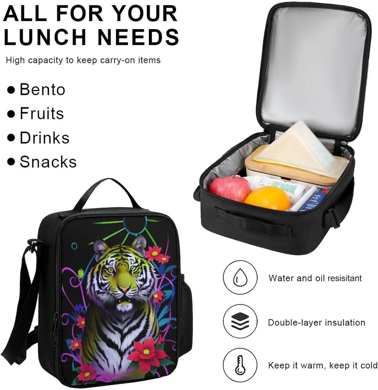 Supdreamc 3 Piece Daypack Trippy Tiger Animal Flower Art Travel Hiking Bag & Day Pack - Big Capacity Multipurpose Bookbag Lunch Bag Pencil Case for Adult