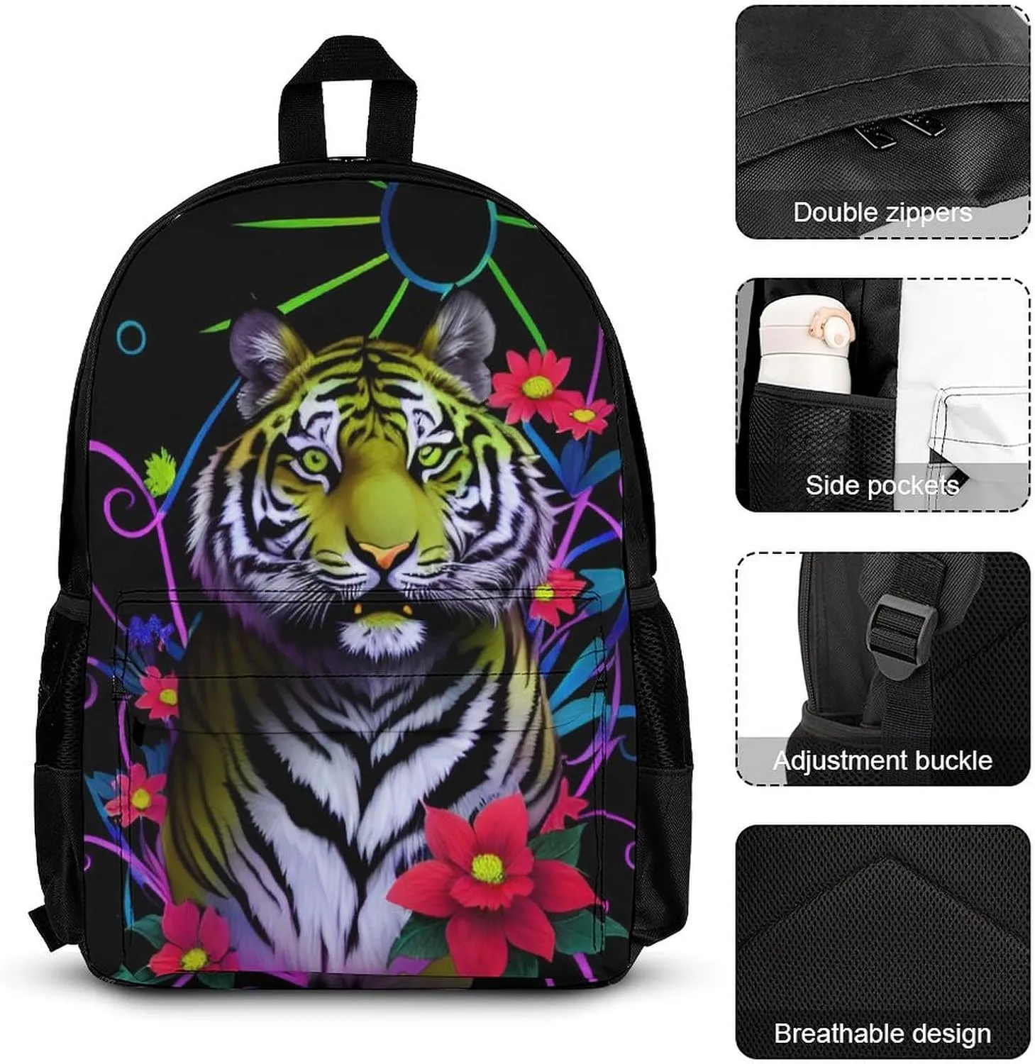 Supdreamc 3 Piece Daypack Trippy Tiger Animal Flower Art Travel Hiking Bag & Day Pack - Big Capacity Multipurpose Bookbag Lunch Bag Pencil Case for Adult