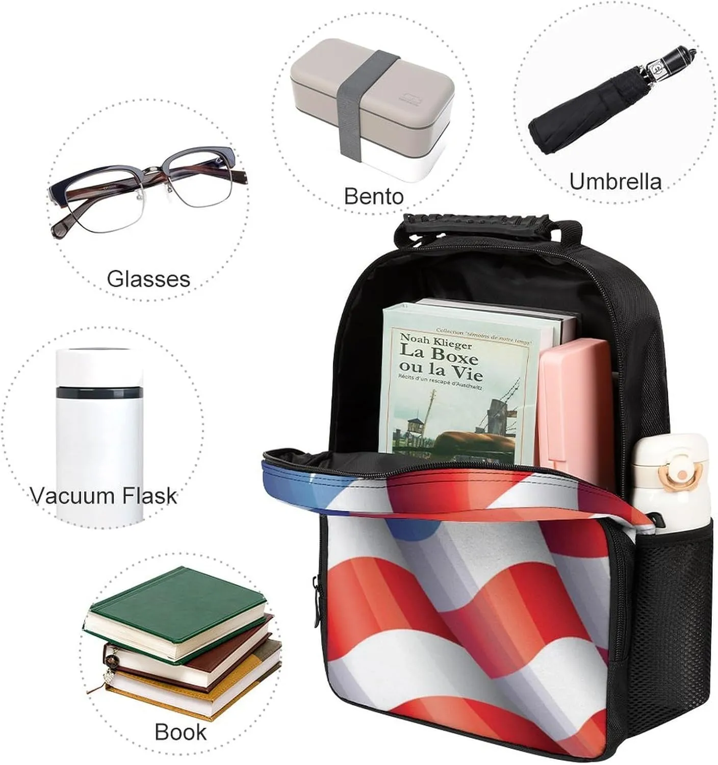 Supdreamc Adults Lightweight Red Blue White American Flag Rucksacks Large Capacity Bookbag With Adjustable Shoulder Straps for Trekking Outdoors Bicycle