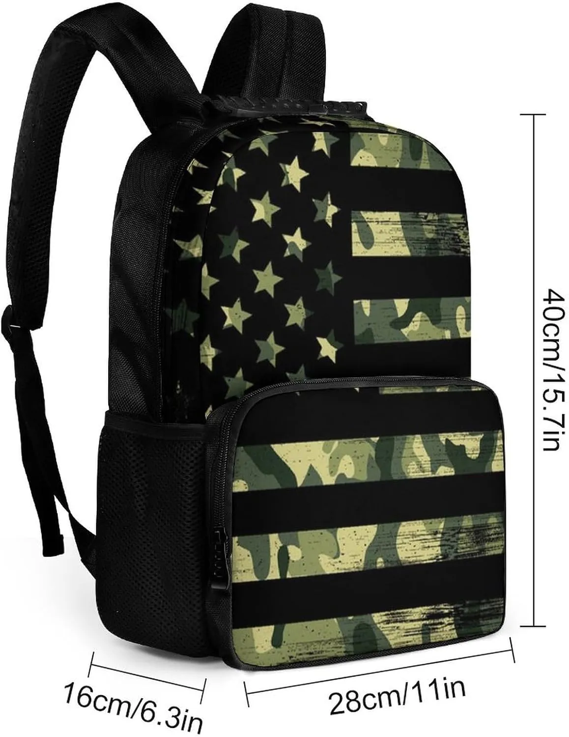 Supdreamc American Flag Patriotic Usa Green Camo Shoulder Book Bags Polyester Multipurpose Anti-Theft Carry On Bag Large Capacity Travel Hiking & Camping Rucksack
