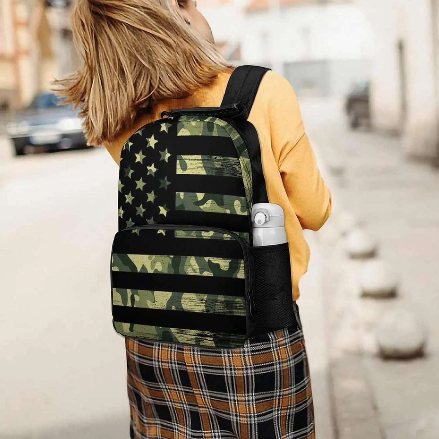 Supdreamc American Flag Patriotic Usa Green Camo Shoulder Book Bags Polyester Multipurpose Anti-Theft Carry On Bag Large Capacity Travel Hiking & Camping Rucksack
