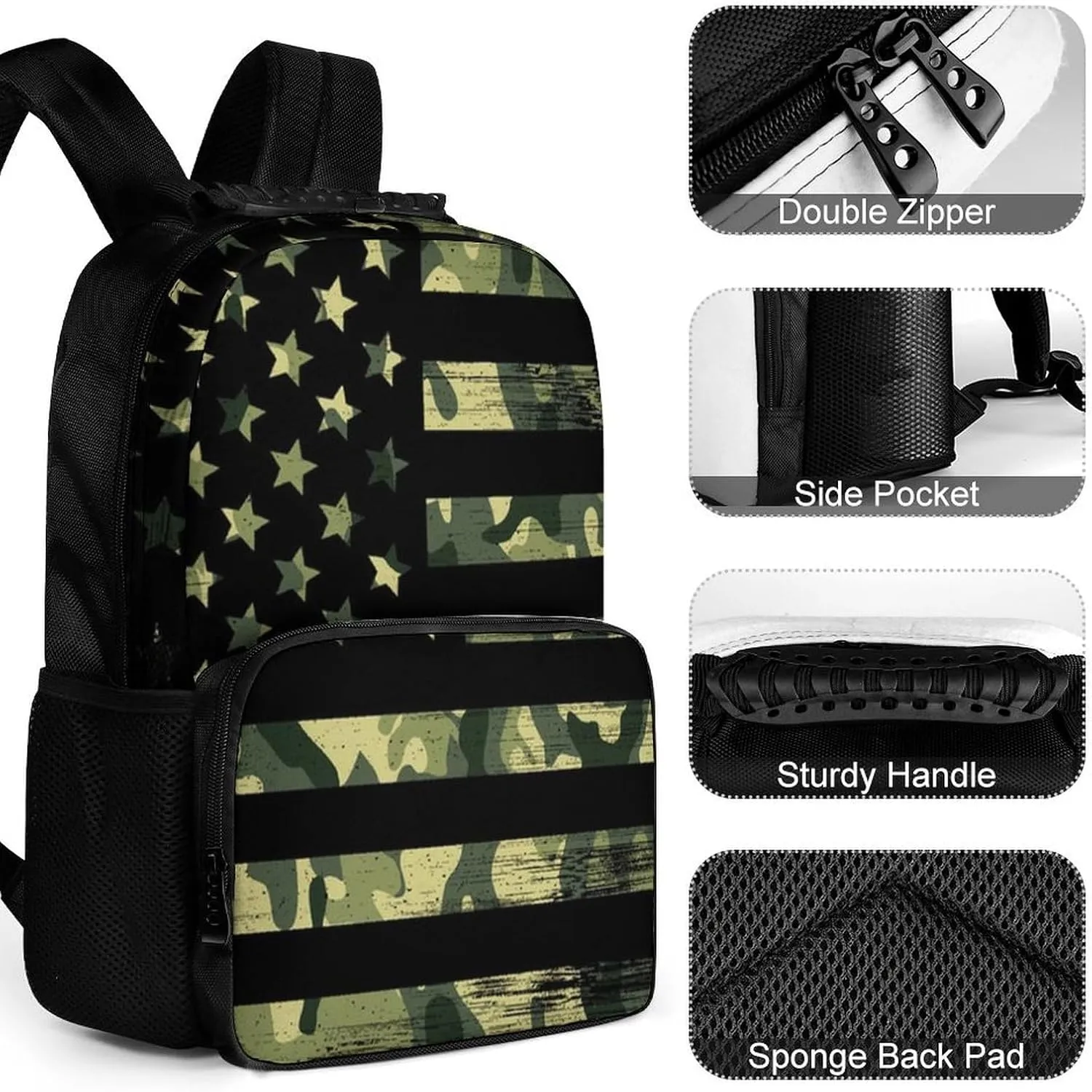 Supdreamc American Flag Patriotic Usa Green Camo Shoulder Book Bags Polyester Multipurpose Anti-Theft Carry On Bag Large Capacity Travel Hiking & Camping Rucksack