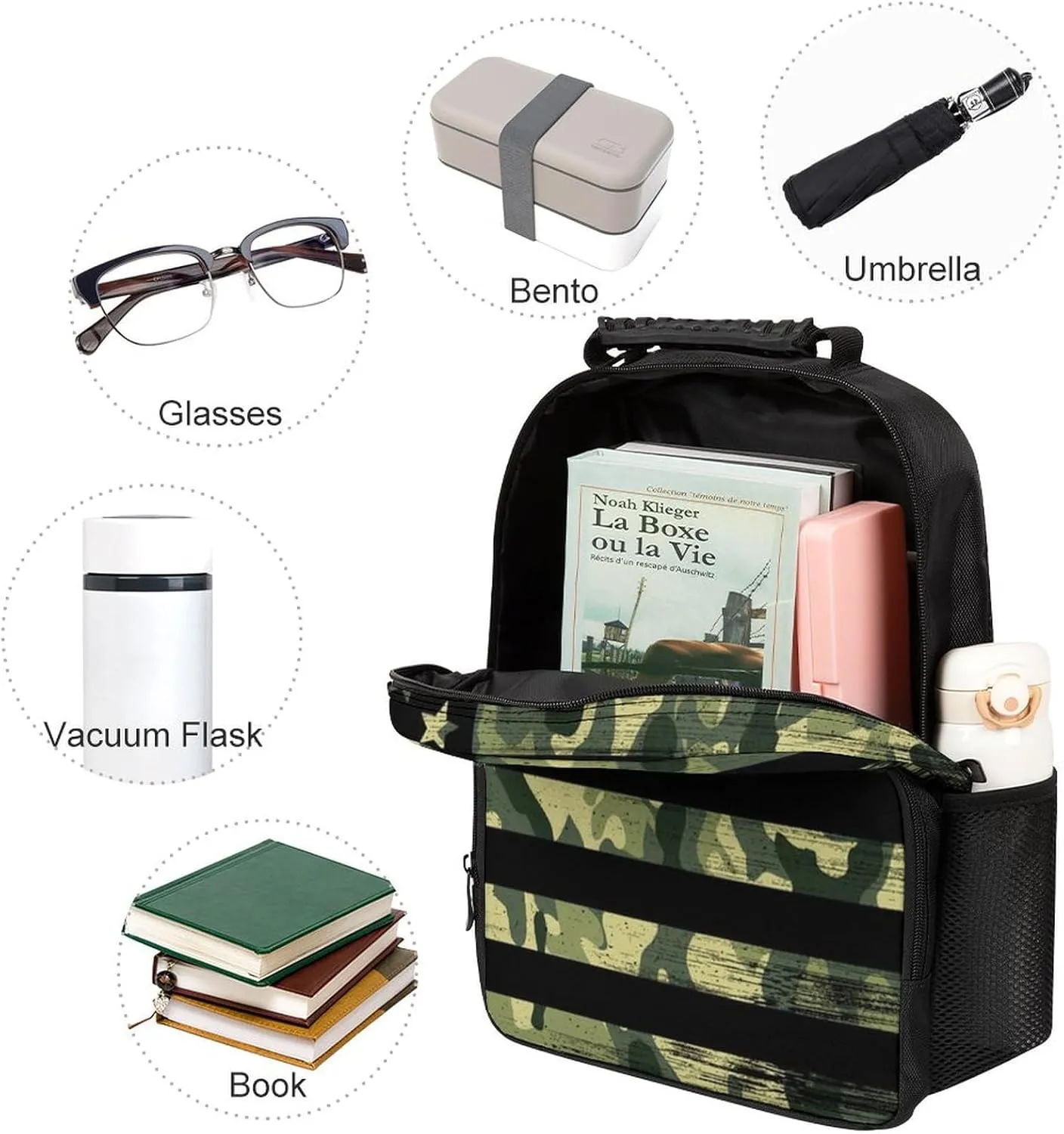 Supdreamc American Flag Patriotic Usa Green Camo Shoulder Book Bags Polyester Multipurpose Anti-Theft Carry On Bag Large Capacity Travel Hiking & Camping Rucksack
