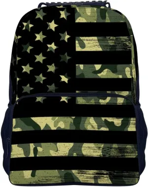 Supdreamc American Flag Patriotic Usa Green Camo Shoulder Book Bags Polyester Multipurpose Anti-Theft Carry On Bag Large Capacity Travel Hiking & Camping Rucksack