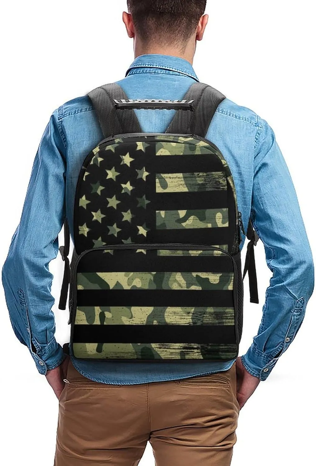 Supdreamc American Flag Patriotic Usa Green Camo Shoulder Book Bags Polyester Multipurpose Anti-Theft Carry On Bag Large Capacity Travel Hiking & Camping Rucksack