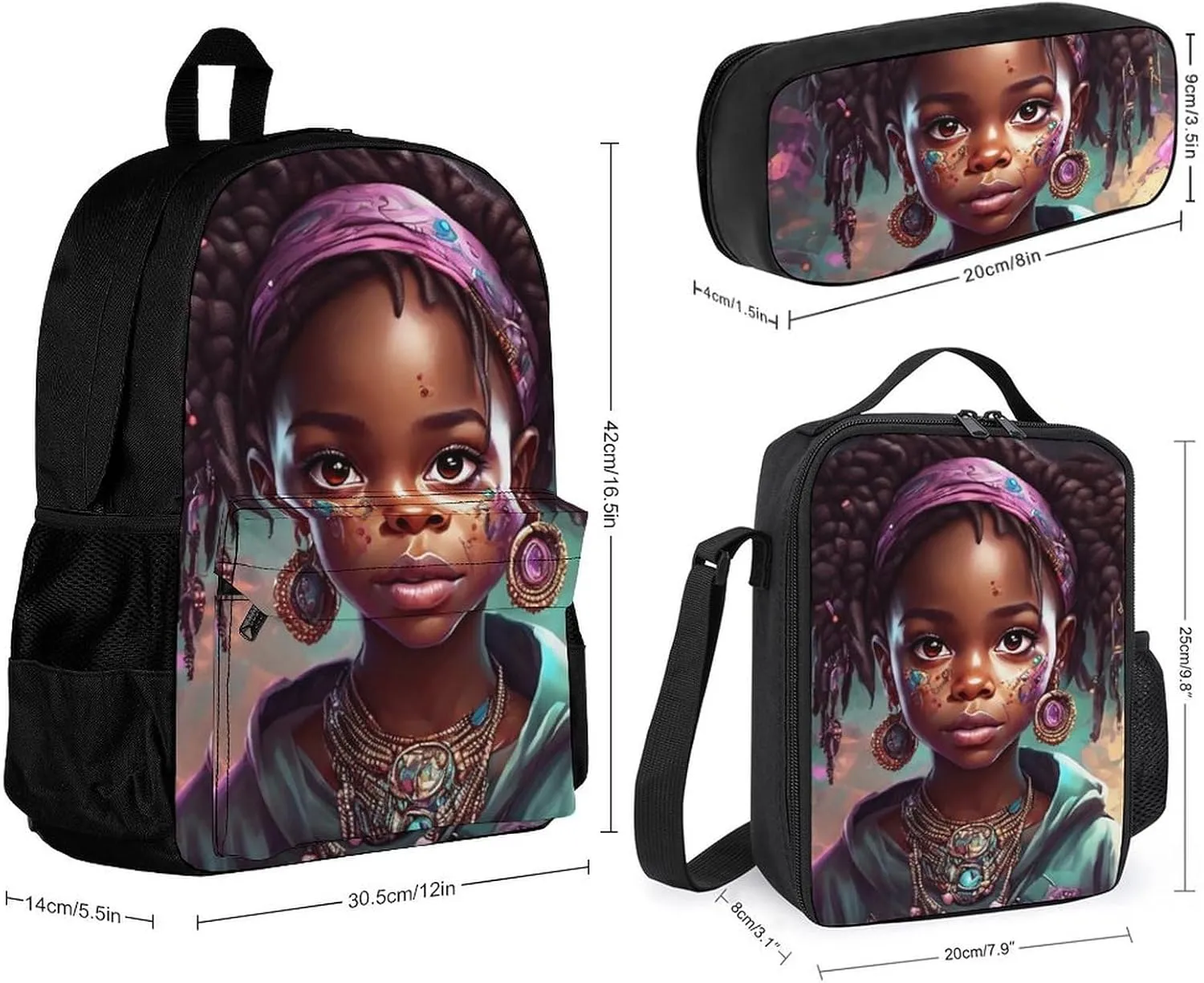 Supdreamc Big Capacity Backpack, Afro Women African American Black Woman Art Bookbag, 3 Piece College Daypack, Camping Outdoor Backpack, Business Computer Bag   Lunch Bag   Pencil Bag