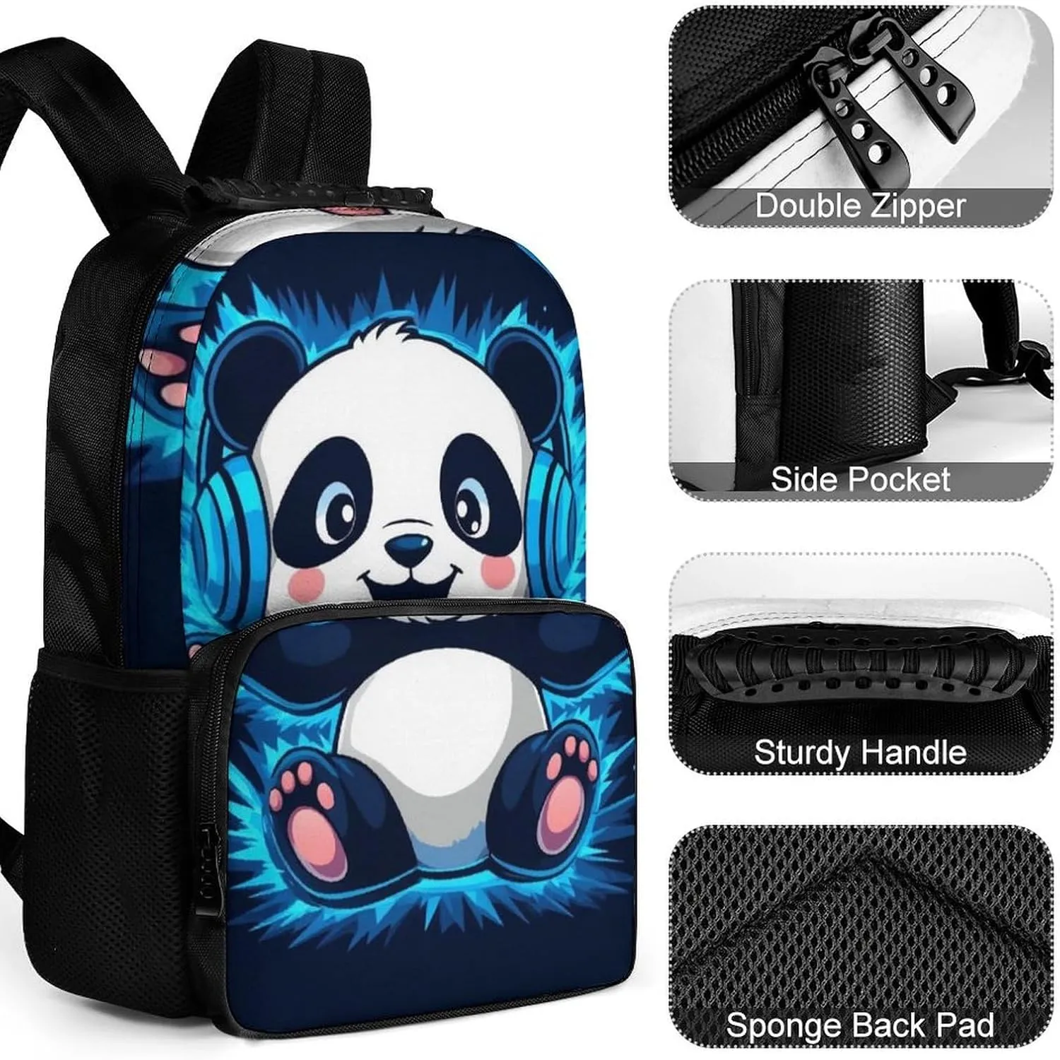 Supdreamc Lightweight Daypack Backpack for Sports Travel Running - Large Capacity Multipurpose Anti-Theft Bookbag, Black And White Panda Animal Headphones Music Cute Panda Laptop Backpack Daypack