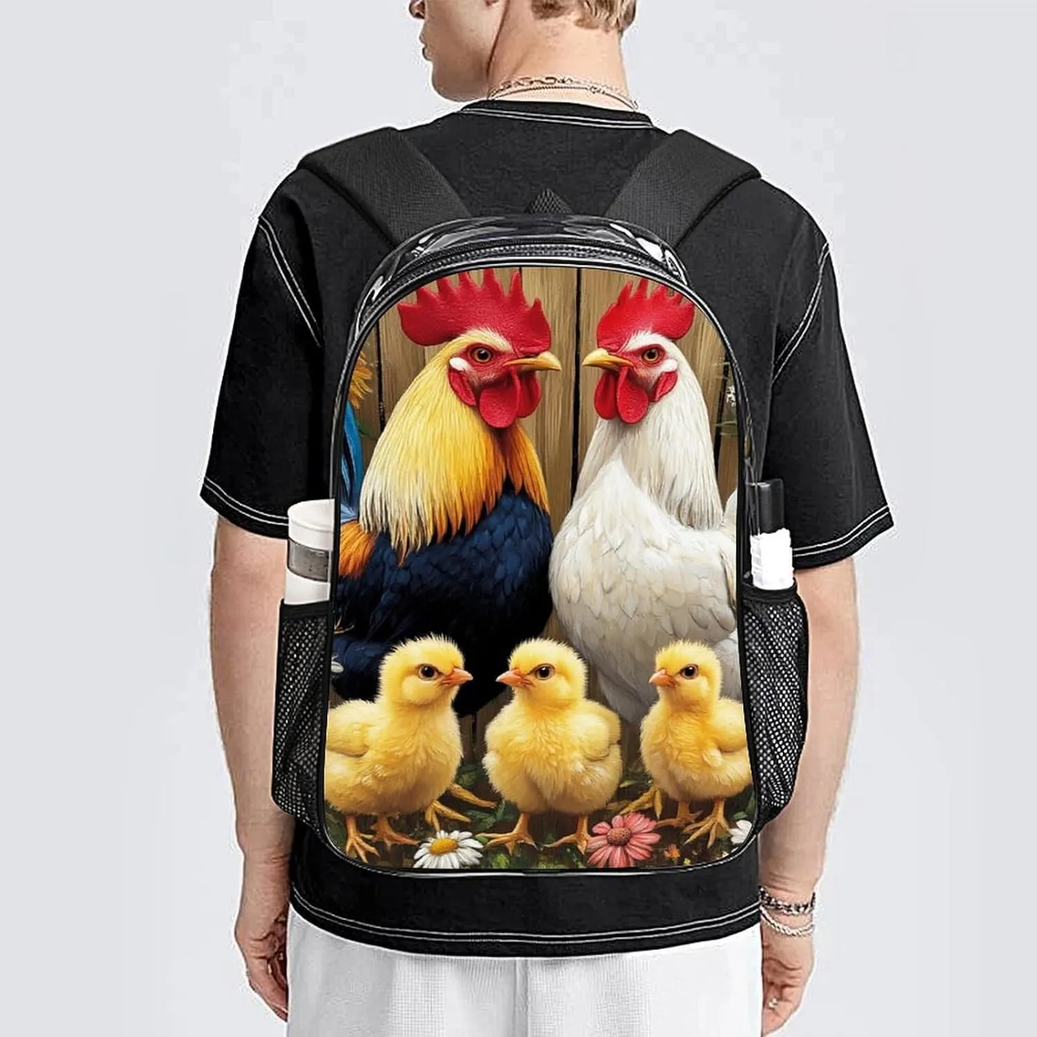 Supdreamc Lightweight Daypack Backpack for Sports Travel Running - Large Capacity Multipurpose Transparent Bookbag, Chicken Rooster Garden Flowers Painting Laptop Backpack Daypack