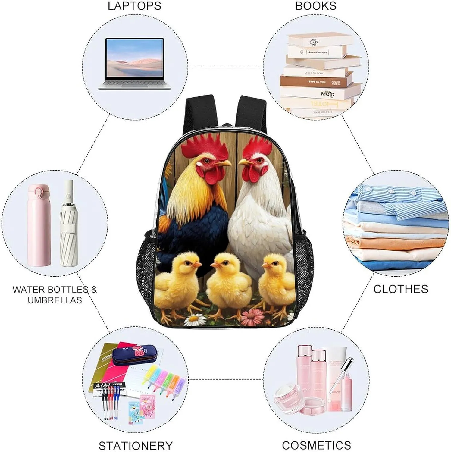 Supdreamc Lightweight Daypack Backpack for Sports Travel Running - Large Capacity Multipurpose Transparent Bookbag, Chicken Rooster Garden Flowers Painting Laptop Backpack Daypack