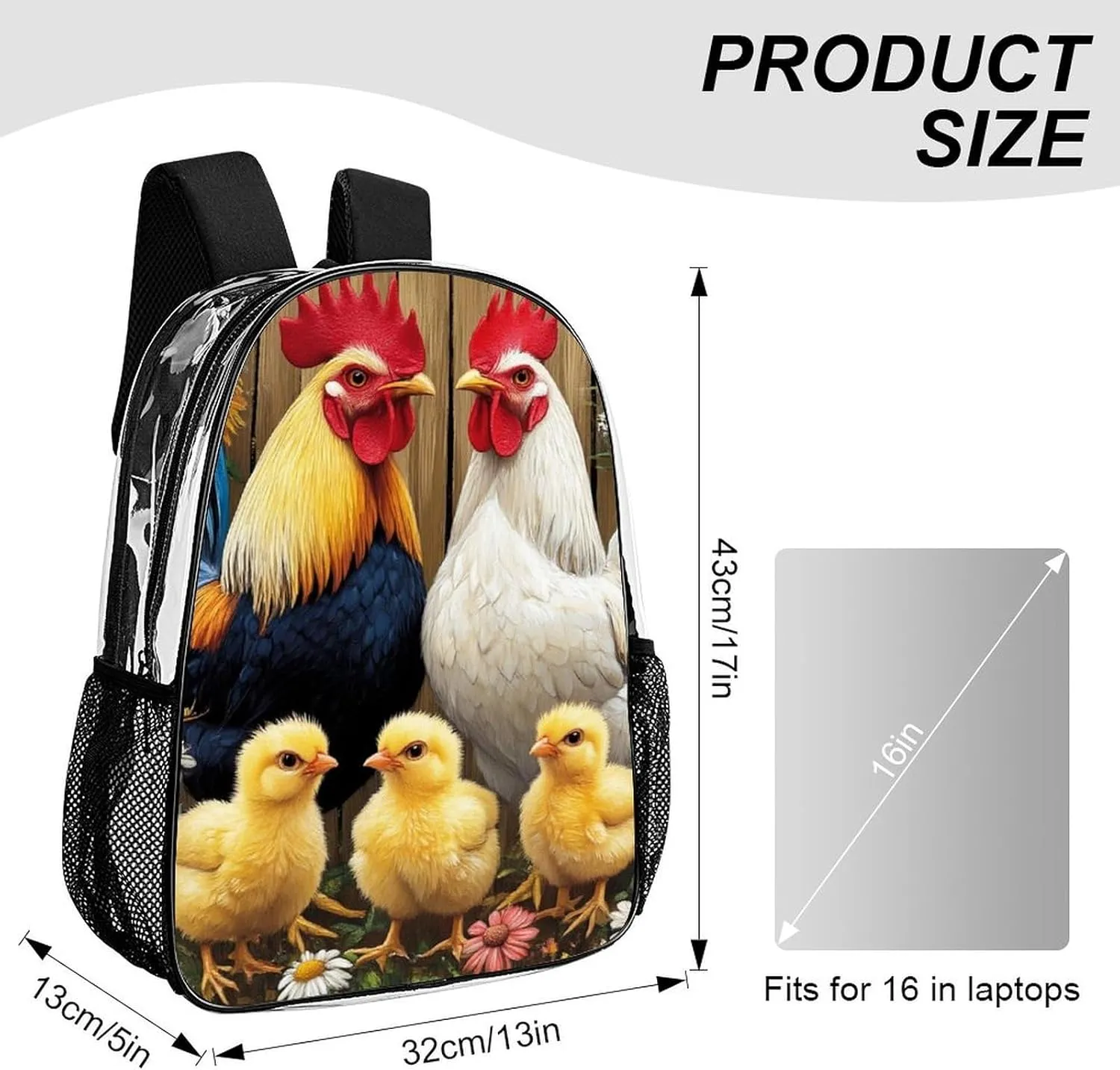 Supdreamc Lightweight Daypack Backpack for Sports Travel Running - Large Capacity Multipurpose Transparent Bookbag, Chicken Rooster Garden Flowers Painting Laptop Backpack Daypack