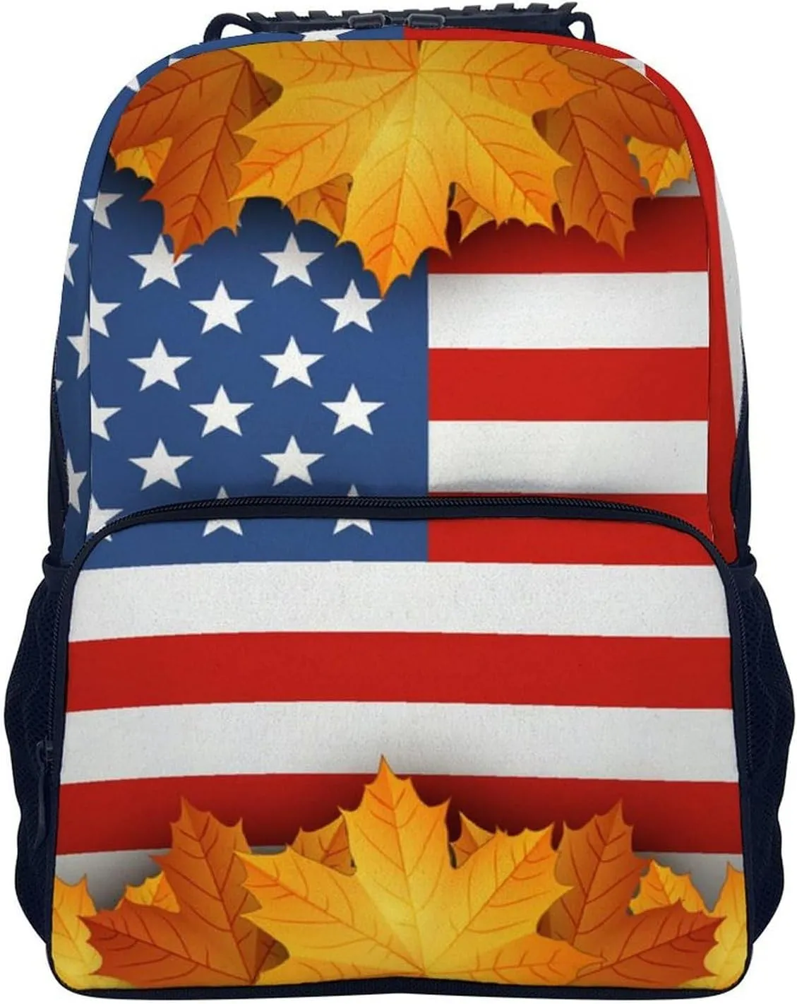 Supdreamc Men Women Lightweight American Flag Autumn Fall Leaves Backpack Large Capacity Bookbag With Smooth Zippers for Gym Business Running