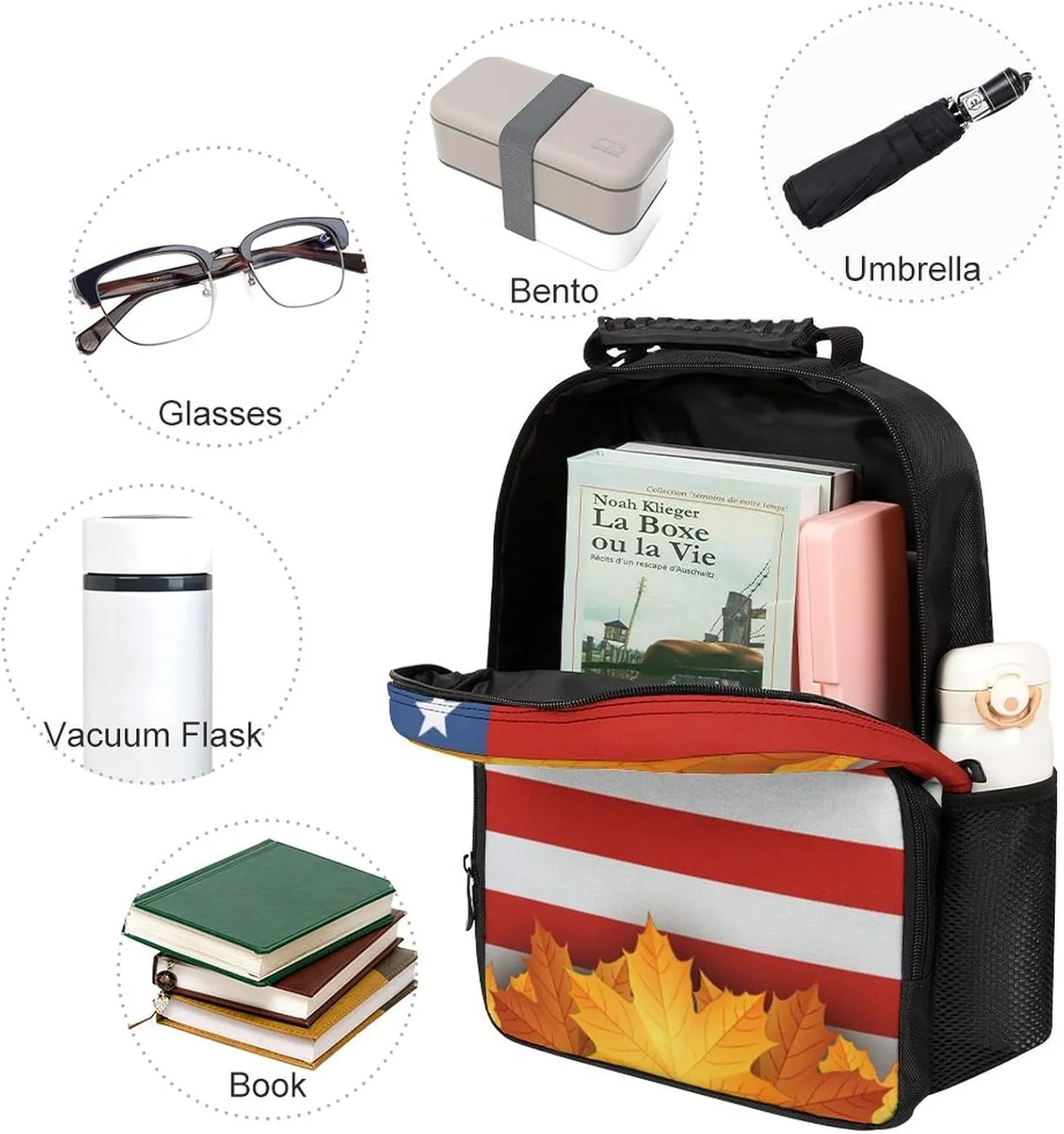 Supdreamc Men Women Lightweight American Flag Autumn Fall Leaves Backpack Large Capacity Bookbag With Smooth Zippers for Gym Business Running