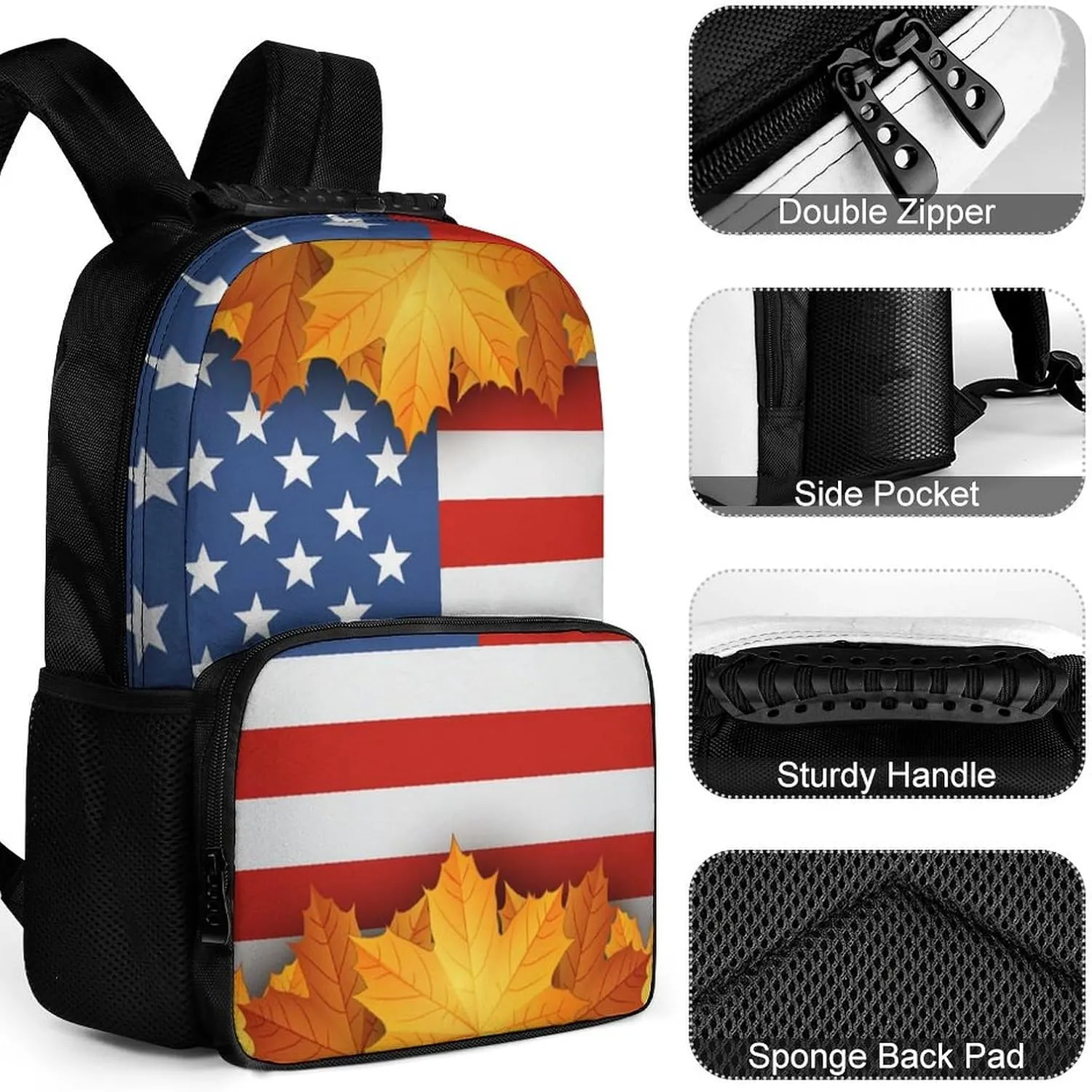 Supdreamc Men Women Lightweight American Flag Autumn Fall Leaves Backpack Large Capacity Bookbag With Smooth Zippers for Gym Business Running