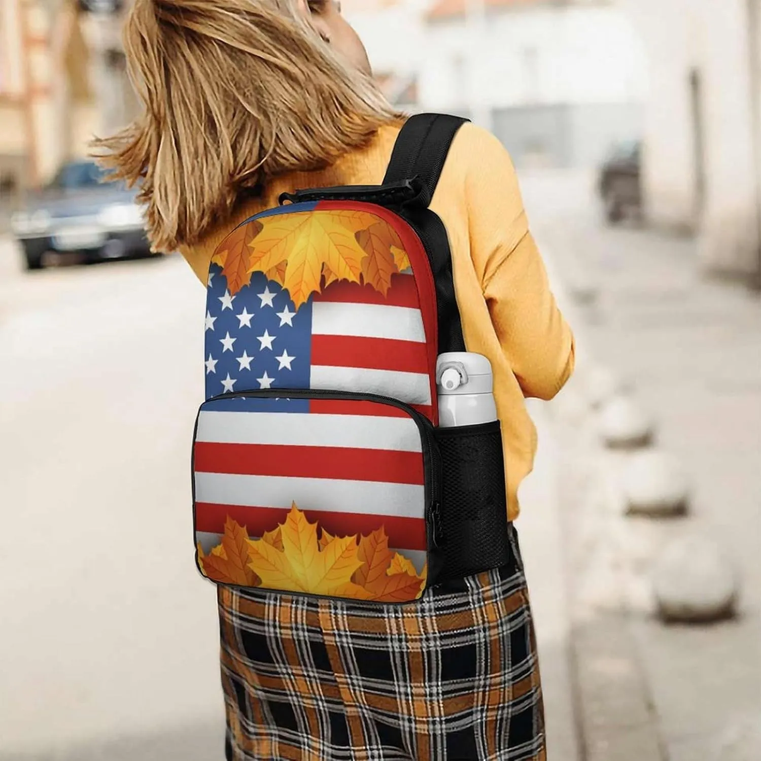 Supdreamc Men Women Lightweight American Flag Autumn Fall Leaves Backpack Large Capacity Bookbag With Smooth Zippers for Gym Business Running