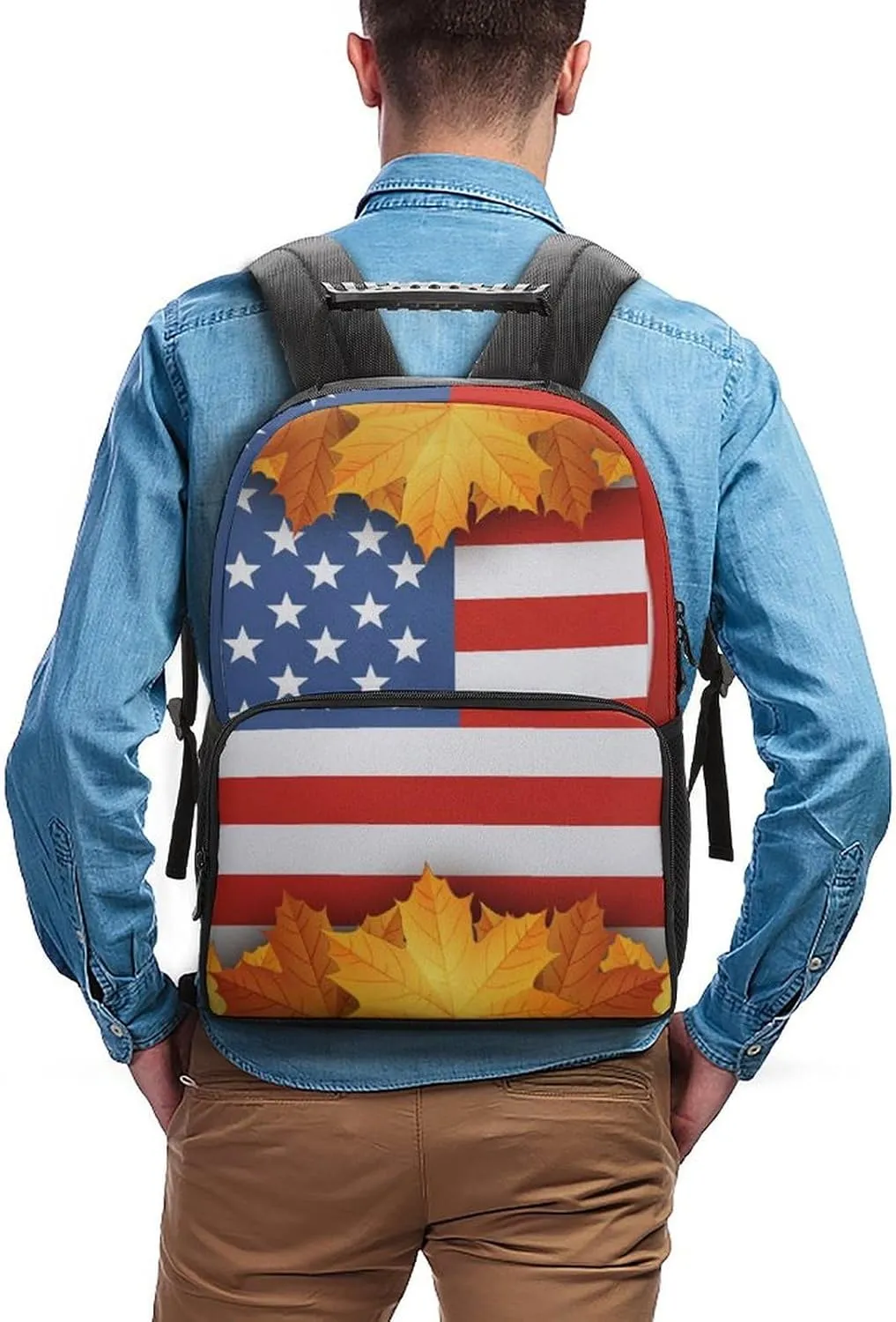 Supdreamc Men Women Lightweight American Flag Autumn Fall Leaves Backpack Large Capacity Bookbag With Smooth Zippers for Gym Business Running