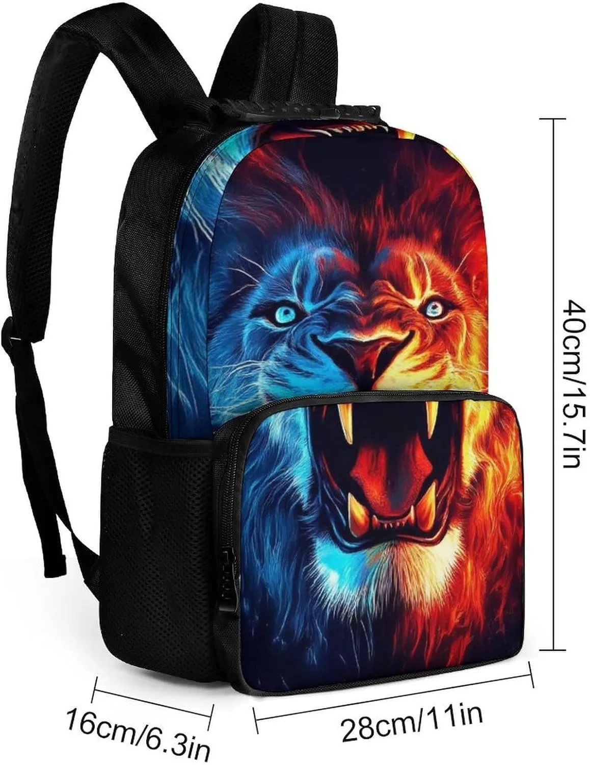 Supdreamc Men Women Lightweight Cool Lion Blue Red Fire Art Backpack Large Capacity Bookbag With Smooth Zippers for Gym Business Running