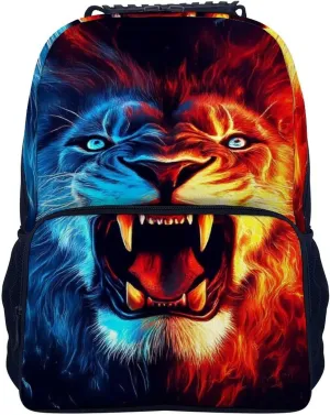 Supdreamc Men Women Lightweight Cool Lion Blue Red Fire Art Backpack Large Capacity Bookbag With Smooth Zippers for Gym Business Running