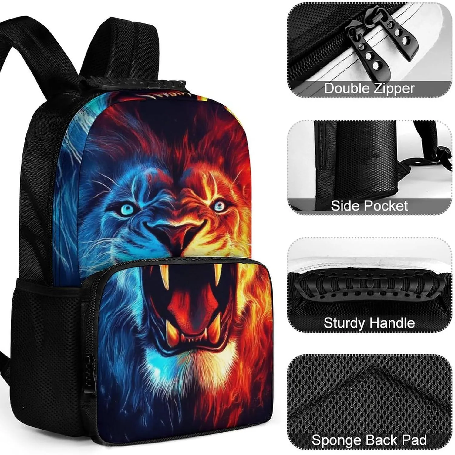 Supdreamc Men Women Lightweight Cool Lion Blue Red Fire Art Backpack Large Capacity Bookbag With Smooth Zippers for Gym Business Running